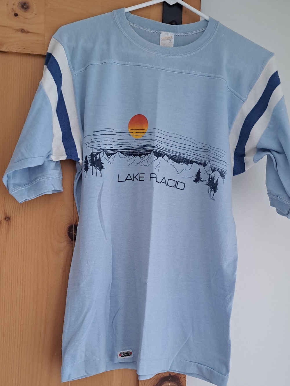Lake Placid Graphic Tee - Light Blue Short Sleeve, Vintage. Large 1980, Olympics